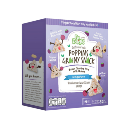 Злаковые пуффы Be Delight Poppins Grainy из жасминового риса с киноа со вкусом мангустина, 32 г (BE DELIGHT Poppins Grainy Snack Jasmine Brown Rice & Quinoa Mangosteen 32g)