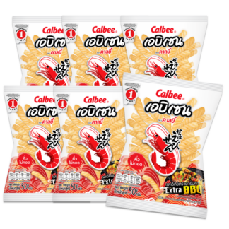 Креветочные чипсы Calbee со вкусом экстра-барбекю, 50 г, набор 6 шт.