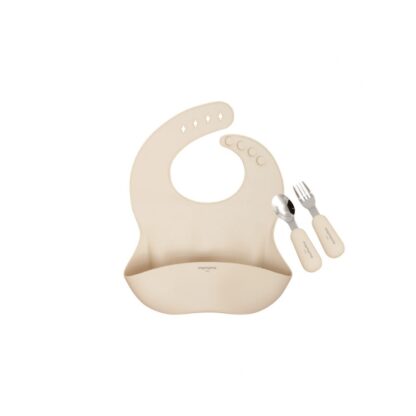Силиконовый нагрудник Mamamo Caramel Cream с ложкой и вилкой (MAMAMO Silicone Bib Set Caramel Cream with Spoon & Fork)