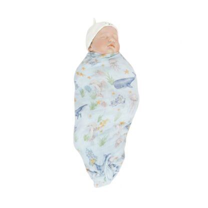 Муслиновое пеленальное одеяло из бамбукового волокна Sofuto Baby, 120x120 см, рисунок Blue Undersea (SOFUTO Baby Bamboo Muslin Swaddle 120x120cm Blue Undersea (127))